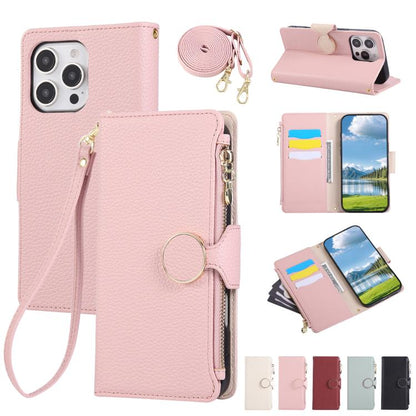 Round Buckle Zipper Wallet Leather Phone Case with Crossbody Strap