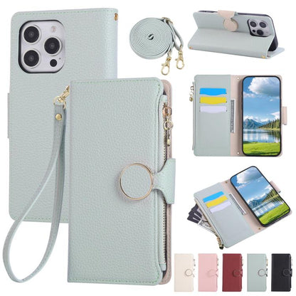 Round Buckle Zipper Wallet Leather Phone Case with Crossbody Strap