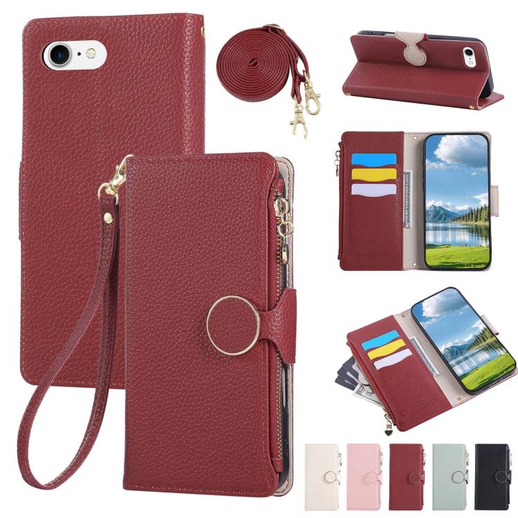 Round Buckle Zipper Wallet Leather Phone Case with Crossbody Strap