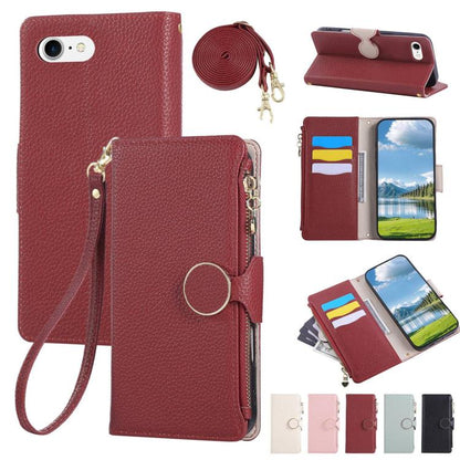 Round Buckle Zipper Wallet Leather Phone Case with Crossbody Strap