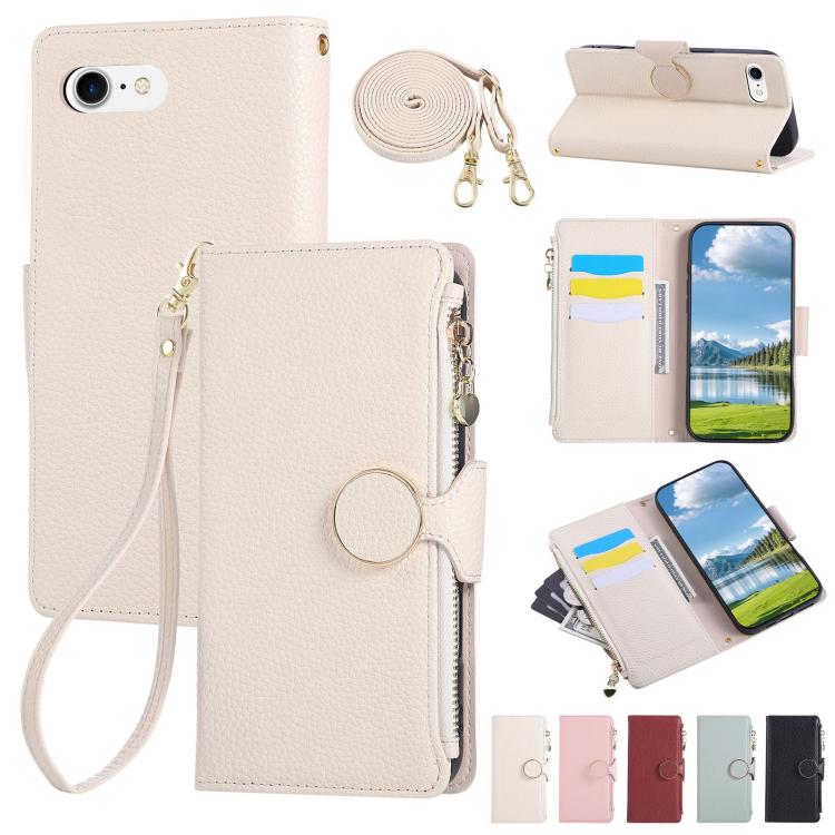 Round Buckle Zipper Wallet Leather Phone Case with Crossbody Strap