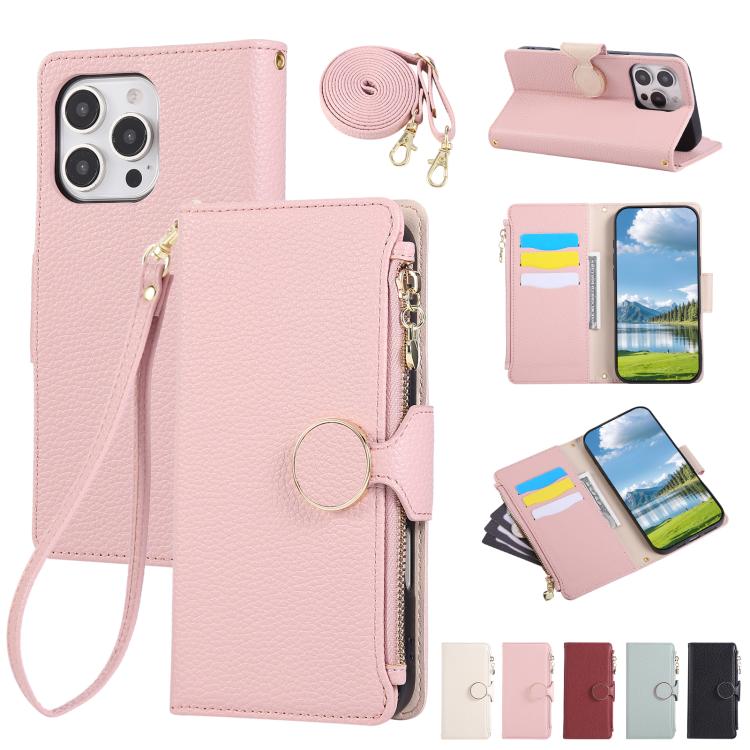 Round Buckle Zipper Wallet Leather Phone Case with Crossbody Strap