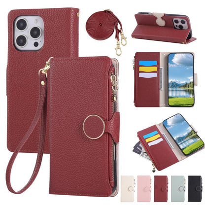 Round Buckle Zipper Wallet Leather Phone Case with Crossbody Strap