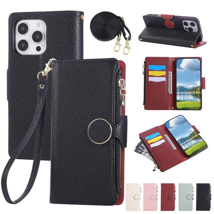 Round Buckle Zipper Wallet Leather Phone Case with Crossbody Strap