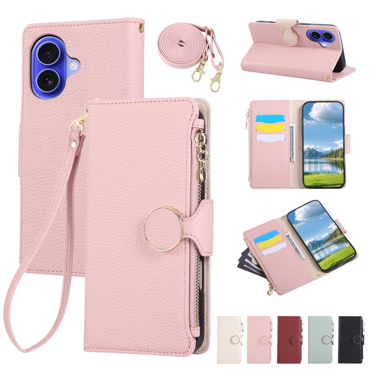 Round Buckle Zipper Wallet Leather Phone Case with Crossbody Strap