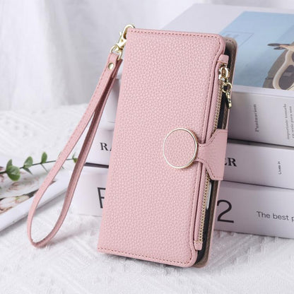 Round Buckle Zipper Wallet Leather Phone Case with Crossbody Strap