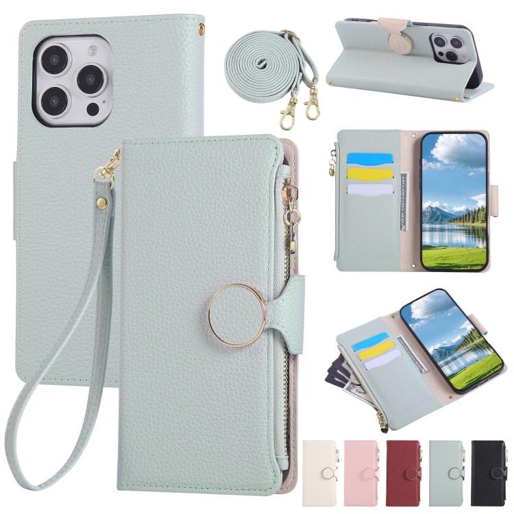Round Buckle Zipper Wallet Leather Phone Case with Crossbody Strap