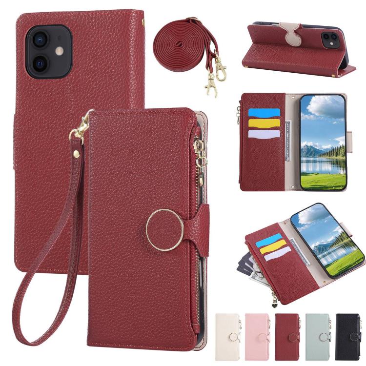 Round Buckle Zipper Wallet Leather Phone Case with Crossbody Strap