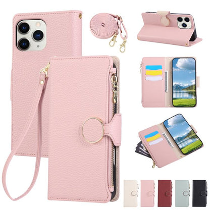 Round Buckle Zipper Wallet Leather Phone Case with Crossbody Strap