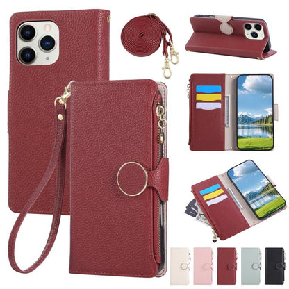 Round Buckle Zipper Wallet Leather Phone Case with Crossbody Strap