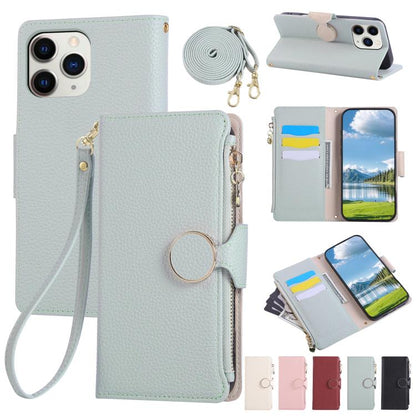 Round Buckle Zipper Wallet Leather Phone Case with Crossbody Strap