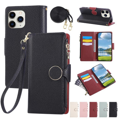 Round Buckle Zipper Wallet Leather Phone Case with Crossbody Strap