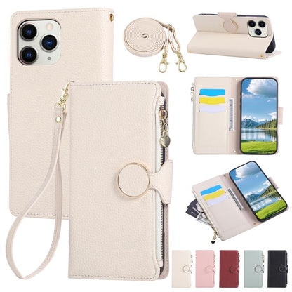 Round Buckle Zipper Wallet Leather Phone Case with Crossbody Strap