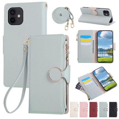 Round Buckle Zipper Wallet Leather Phone Case with Crossbody Strap