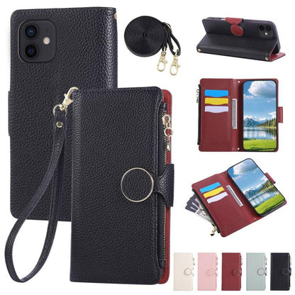 Round Buckle Zipper Wallet Leather Phone Case with Crossbody Strap