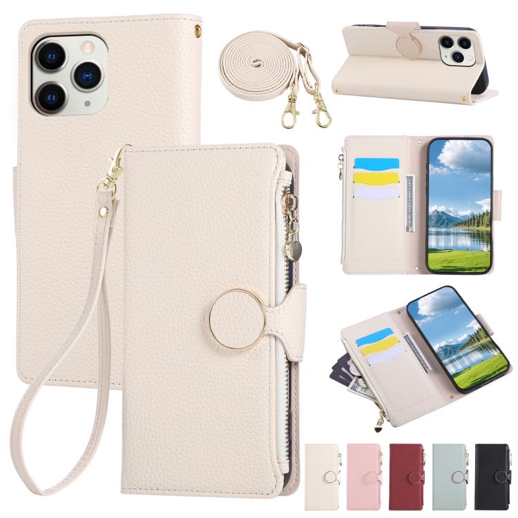 Round Buckle Zipper Wallet Leather Phone Case with Crossbody Strap
