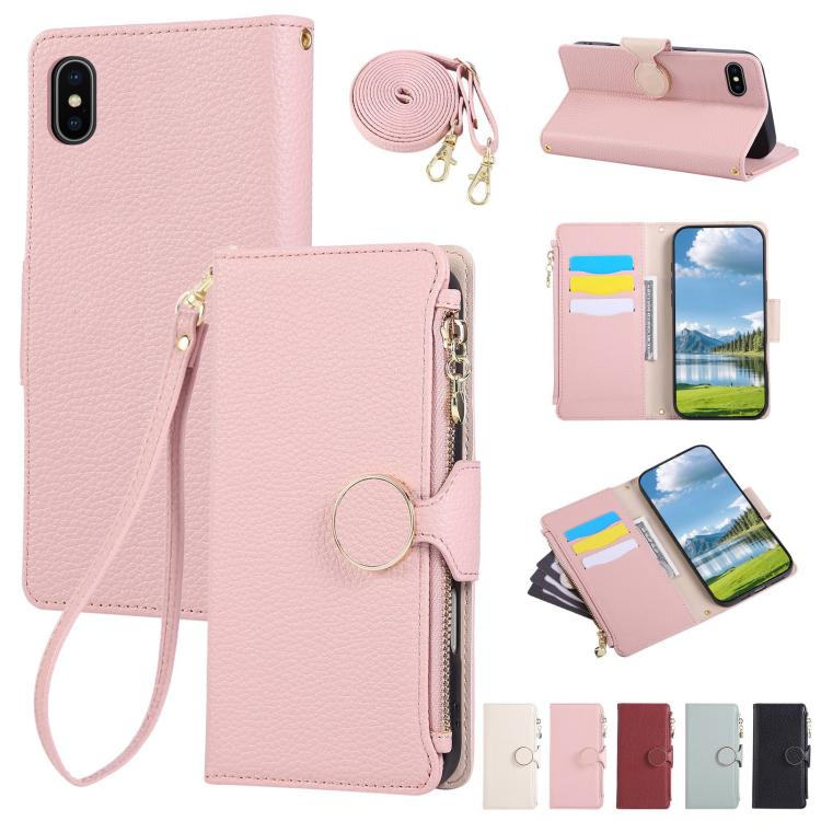 Round Buckle Zipper Wallet Leather Phone Case with Crossbody Strap