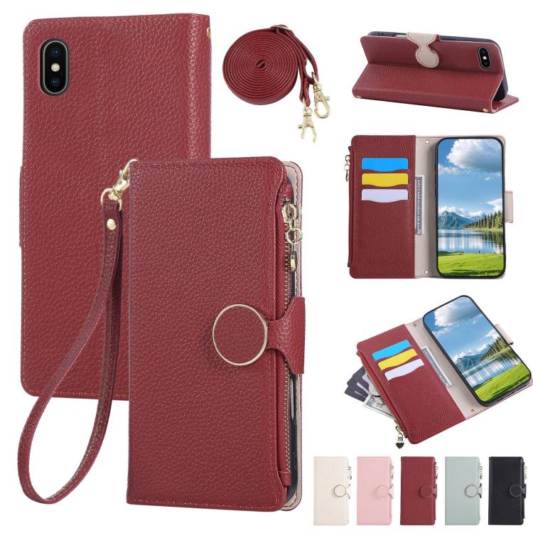Round Buckle Zipper Wallet Leather Phone Case with Crossbody Strap