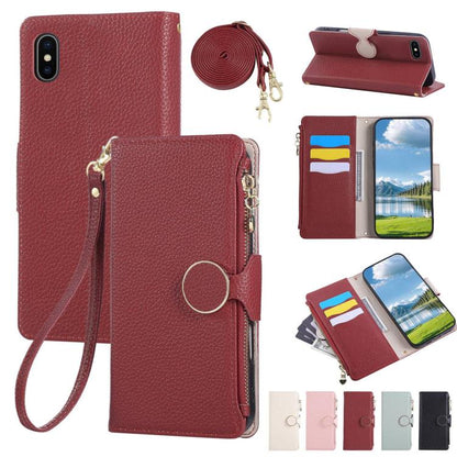 Round Buckle Zipper Wallet Leather Phone Case with Crossbody Strap