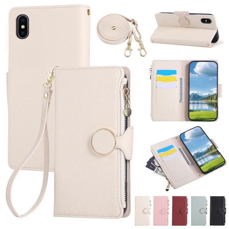Round Buckle Zipper Wallet Leather Phone Case with Crossbody Strap