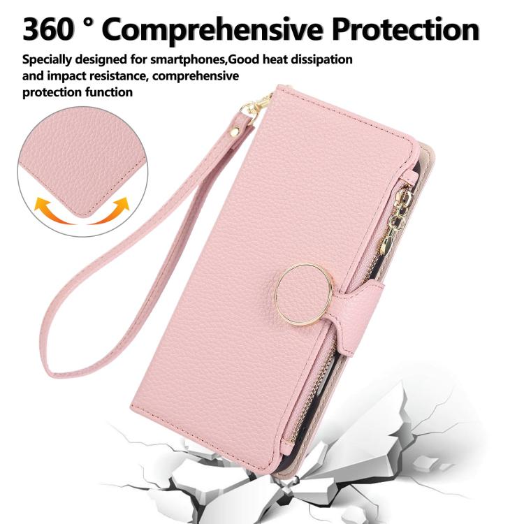 Round Buckle Zipper Wallet Leather Phone Case with Crossbody Strap