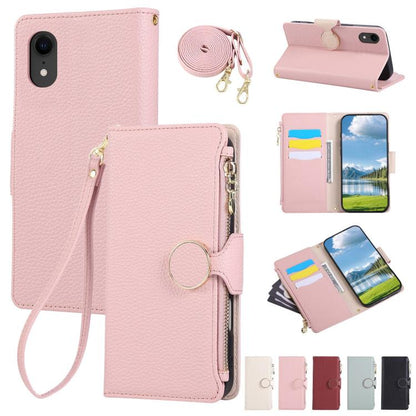 Round Buckle Zipper Wallet Leather Phone Case with Crossbody Strap