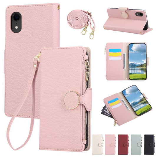 Round Buckle Zipper Wallet Leather Phone Case with Crossbody Strap