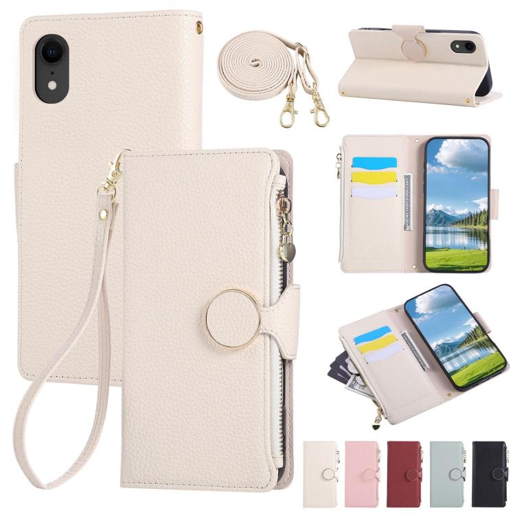 Round Buckle Zipper Wallet Leather Phone Case with Crossbody Strap