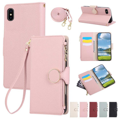 Round Buckle Zipper Wallet Leather Phone Case with Crossbody Strap