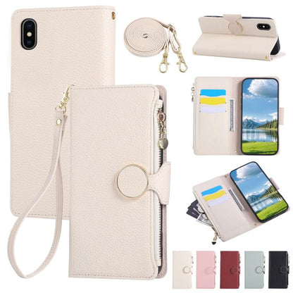 Round Buckle Zipper Wallet Leather Phone Case with Crossbody Strap