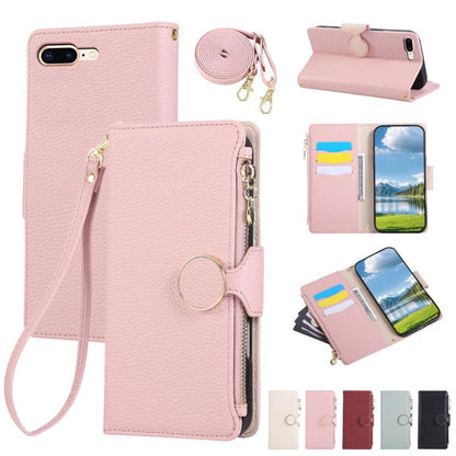 Round Buckle Zipper Wallet Leather Phone Case with Crossbody Strap