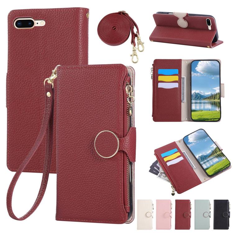 Round Buckle Zipper Wallet Leather Phone Case with Crossbody Strap