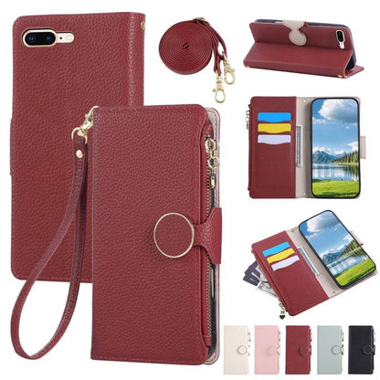Round Buckle Zipper Wallet Leather Phone Case with Crossbody Strap