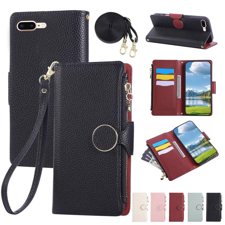Round Buckle Zipper Wallet Leather Phone Case with Crossbody Strap
