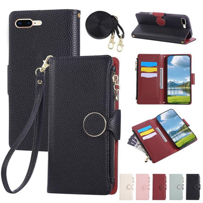 Round Buckle Zipper Wallet Leather Phone Case with Crossbody Strap