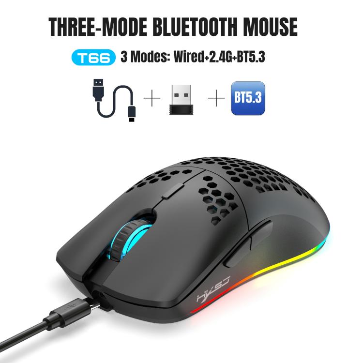 HXSJ T66 3 Modes Wired 2.4G BT5.3 Wireless RGB Rechargeable Mouse