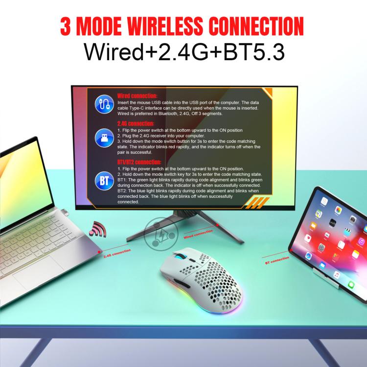 HXSJ T66 3 Modes Wired 2.4G BT5.3 Wireless RGB Rechargeable Mouse