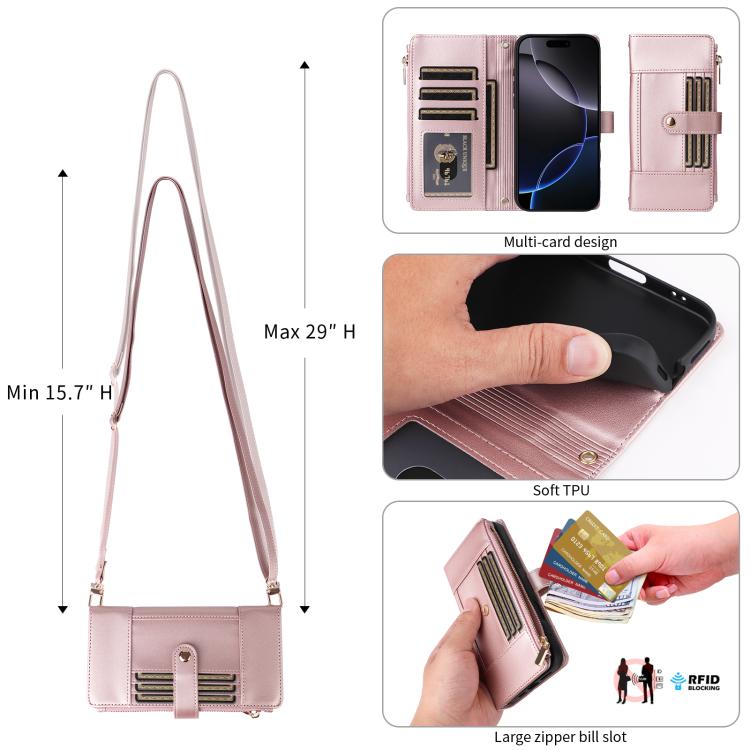 Crossbody Strap RFID Blocking Zipper Wallet Leather Phone Case, For iPhone 16 Pro Max, For iPhone 16 Pro, For iPhone 16 Plus, For iPhone 16