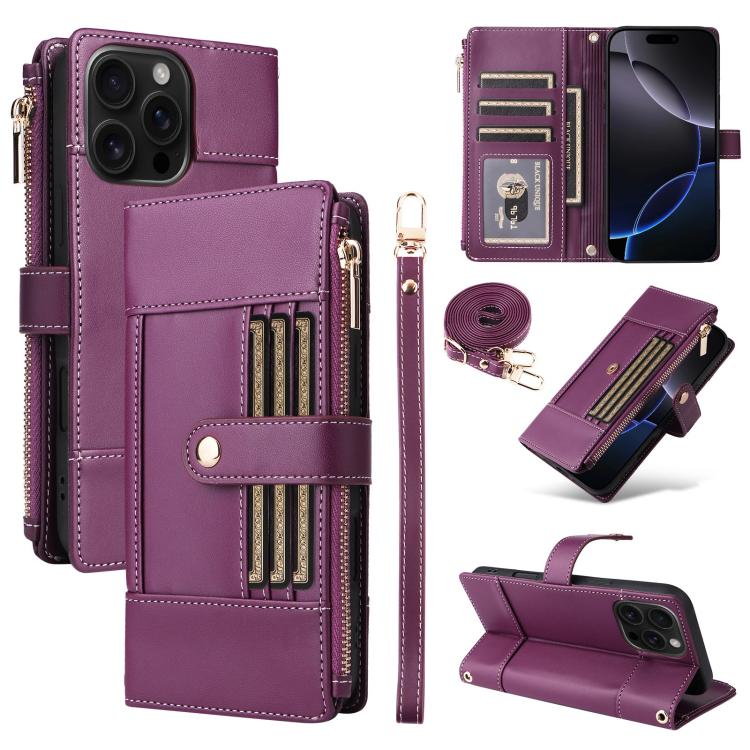Crossbody Strap RFID Blocking Zipper Wallet Leather Phone Case, For iPhone 16 Pro Max, For iPhone 16 Pro, For iPhone 16 Plus, For iPhone 16