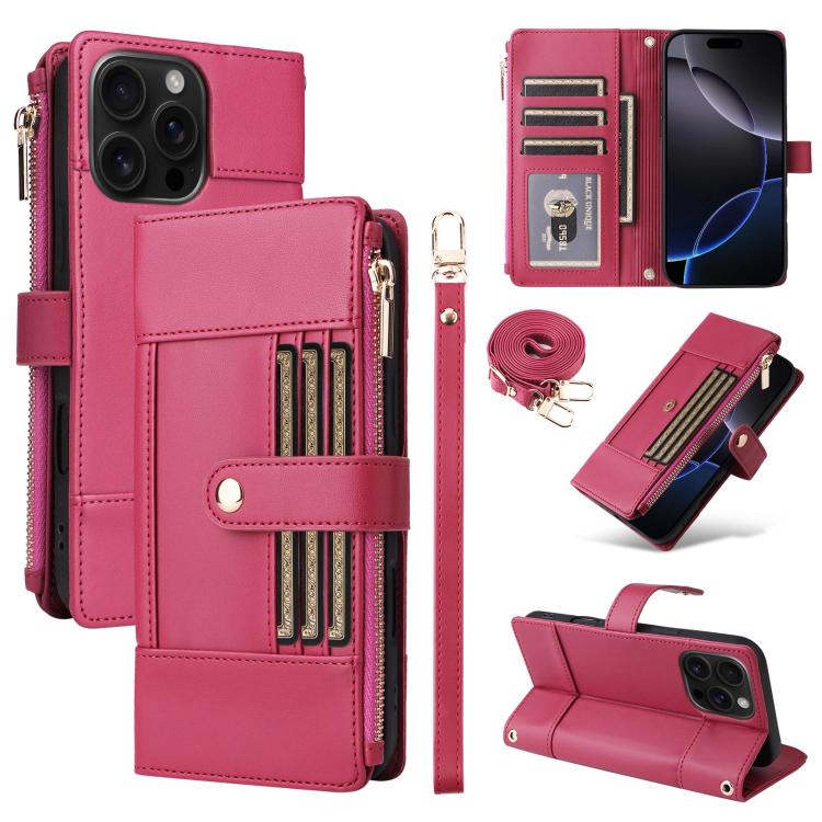 Crossbody Strap RFID Blocking Zipper Wallet Leather Phone Case, For iPhone 16 Pro Max, For iPhone 16 Pro, For iPhone 16 Plus, For iPhone 16