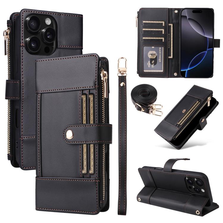 Crossbody Strap RFID Blocking Zipper Wallet Leather Phone Case, For iPhone 16 Pro Max, For iPhone 16 Pro, For iPhone 16 Plus, For iPhone 16