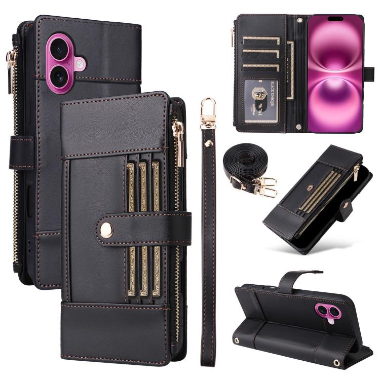 Crossbody Strap RFID Blocking Zipper Wallet Leather Phone Case, For iPhone 16e, For iPhone 16 Pro Max, For iPhone 16 Pro, For iPhone 16 Plus