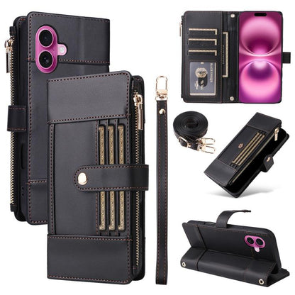 Crossbody Strap RFID Blocking Zipper Wallet Leather Phone Case, For iPhone 16e, For iPhone 16 Pro Max, For iPhone 16 Pro, For iPhone 16 Plus