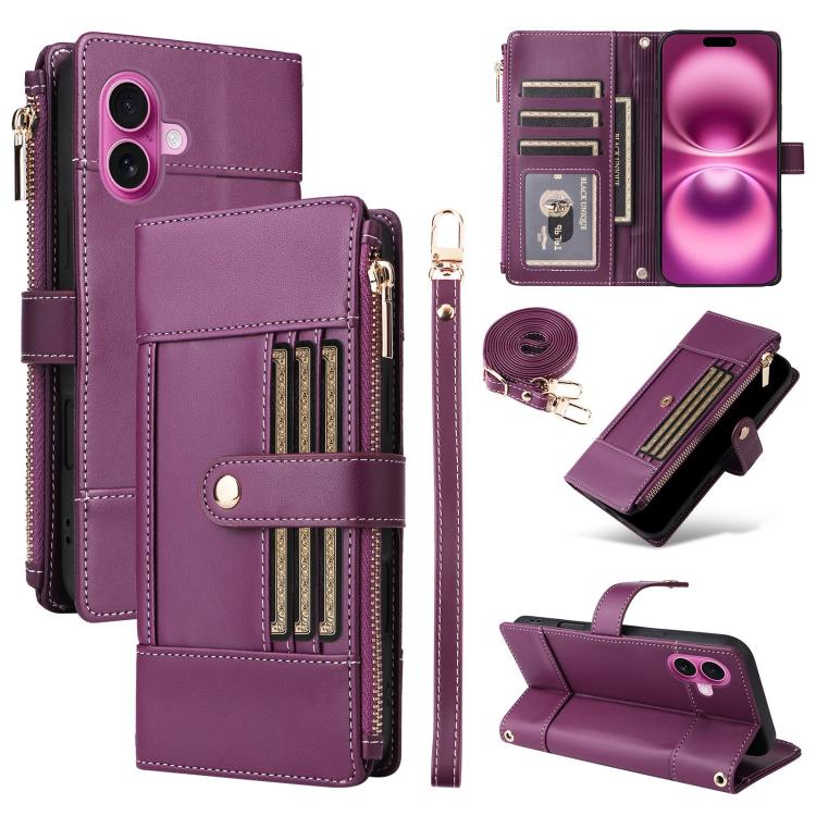 Crossbody Strap RFID Blocking Zipper Wallet Leather Phone Case, For iPhone 16e, For iPhone 16 Pro Max, For iPhone 16 Pro, For iPhone 16 Plus