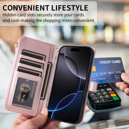 Crossbody Strap RFID Blocking Zipper Wallet Leather Phone Case, For iPhone 16, For iPhone 15 Pro Max, For iPhone 15 Pro, For iPhone 15 Plus