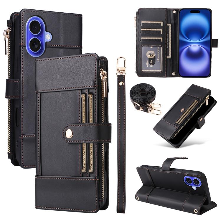 Crossbody Strap RFID Blocking Zipper Wallet Leather Phone Case, For iPhone 16, For iPhone 15 Pro Max, For iPhone 15 Pro, For iPhone 15 Plus