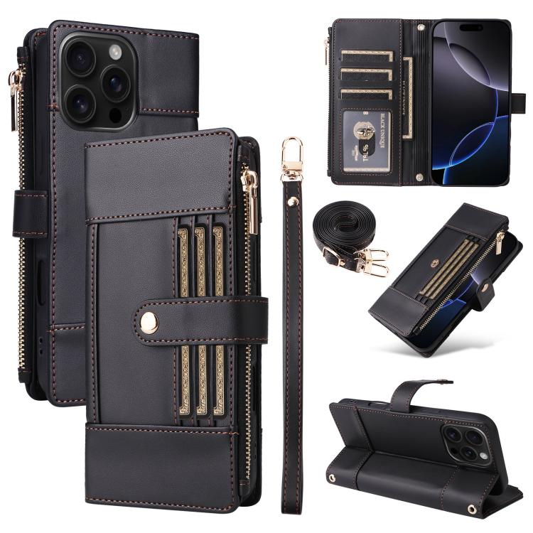 Crossbody Strap RFID Blocking Zipper Wallet Leather Phone Case, For iPhone 16, For iPhone 15 Pro Max, For iPhone 15 Pro, For iPhone 15 Plus