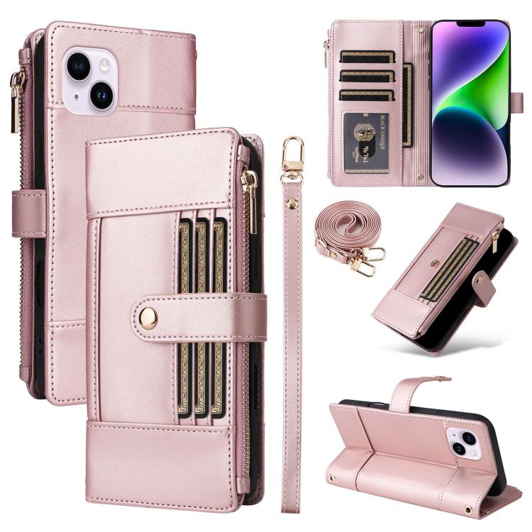 Crossbody Strap RFID Blocking Zipper Wallet Leather Phone Case, For iPhone 16, For iPhone 15 Pro Max, For iPhone 15 Pro, For iPhone 15 Plus