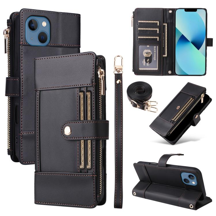 Crossbody Strap RFID Blocking Zipper Wallet Leather Phone Case, For iPhone 14 Plus, For iPhone 14 / 13, For iPhone 14 Pro, For iPhone 14 Pro Max