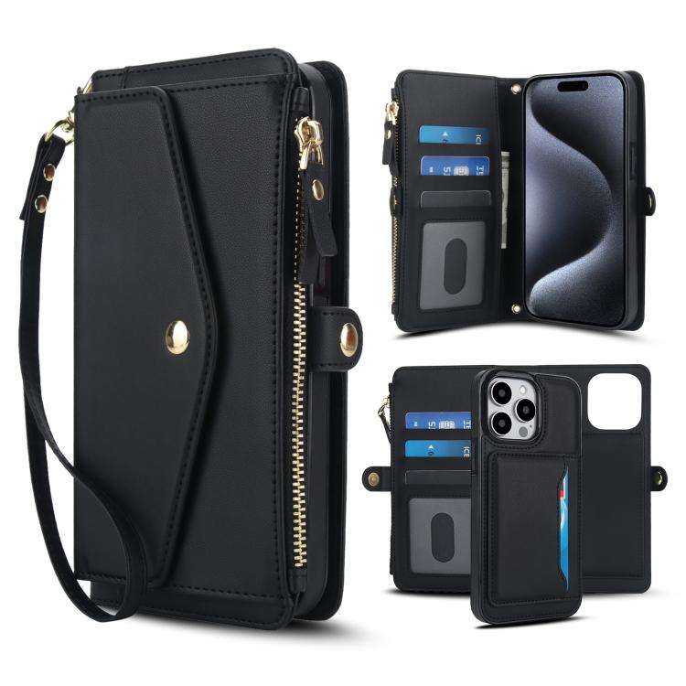 Multifunctional Wallet Detachable Leather Phone Case with Lanyard, For iPhone 16, For iPhone 15 Pro Max, For iPhone 15 Pro, For iPhone 15 Plus